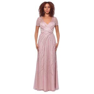 XSCAPE Blush Short Sleeve Beaded Mesh V-Neck A-Line Gown Sz 4 NWT MSRP$378
